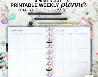 Inserto imprimible para planificador semanal, inicio vertical en domingo, compatible con Big Happy Planner, página semanal tamaño carta.
