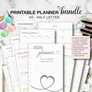 A5 Planner Inserts, Half Letter Printable Cover, 2026 Year Monthly Weekly Calendar, Bill Password Habit Tracker, Notes To Do List Pages