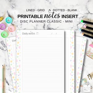 Notes Insert for Disc Planner Fit Happy Planner Classic & Mini, Printable Lined, Grid and Dot Note Pages, Discbound Note Taking Paper PDF