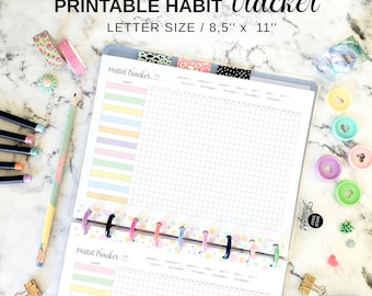 Inserto para rastreador de hábitos para agenda Happy Planner grande, tamaño carta, páginas imprimibles mensuales para el seguimiento de hábitos en agenda de 11 discos en colores pastel arcoíris.