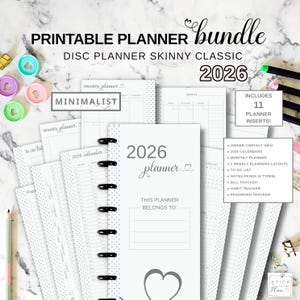 Skivaplanerare, insatser, Fit Happy Planner, Skinny Classic, utskrivbart halvark, månads- och veckokalender, årskalender 2026, räknings- och vanespårare