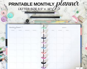 Monthly Printable Insert Month on 2 Pages, Fits Big Happy Planner, Discbound Letter Size 11 Disc Planner, Undated Month at a Glance Calendar