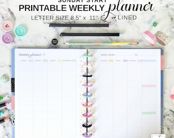 Planificador semanal con líneas, inserto vertical, inicio en domingo, Fit Big Happy Planner, tamaño carta imprimible, 2 páginas sin fecha, vista semanal de un vistazo