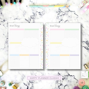 May include: Two side-by-side planner pages titled Brain dump with pastel headers, a central cloud-shaped writing area, grid sections, and lined spaces. The pages feature a vertical border with colorful polka dots on the outer edges.
