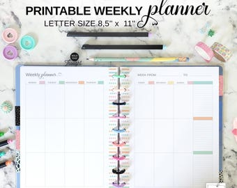 Weekly Vertical Layout 11 Disc Planner Insert Fit Big Happy Planner, Printable Letter Size Colorful Week at a Glance Calendar on Two Pages