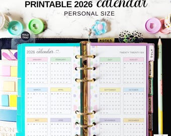 Yearly Planner 2026 Personal Size, Printable Year at a Glance Calendar on Two Pages, Personal Filofax Yearly Overview, 2026 Planner Rainbow