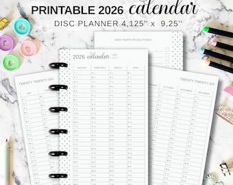 Minimalistische jaarkalender 2026 Fit Happy Planner Skinny Classic, schijfplanner invoegen, afdrukbaar half vel Jaaroverzicht navulling