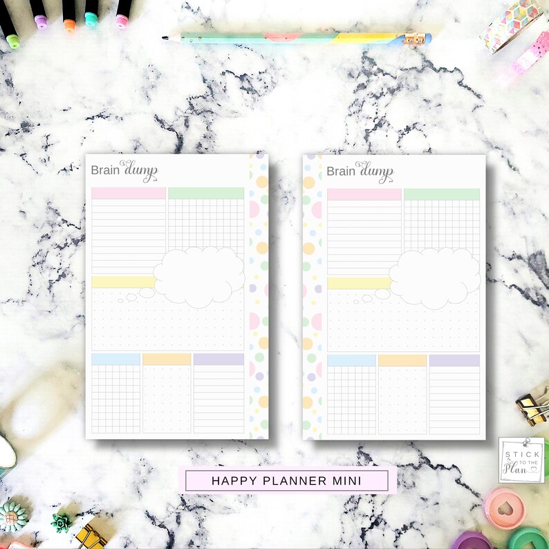 May include: Two identical planner inserts labeled Brain dump at the top. Each page features a pink header, a green grid section, a yellow horizontal bar, a large white cloud shape, a dot grid area, and three bottom sections with grid, dot, and lined layouts.