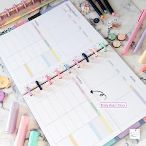 May include: A pastel-colored weekly planner with a spiral binding and colorful dividers. The planner features sections for each day of the week, with space for notes and to-do lists. The text "Weekly planner" and "Daily Dutch Door" are visible.
