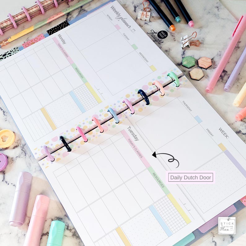 May include: A pastel-colored weekly planner with a spiral binding and colorful dividers. The planner features sections for each day of the week, with space for notes and to-do lists. The text "Weekly planner" and "Daily Dutch Door" are visible.