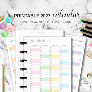 Printable Yearly Calendar 2027 Insert Fit Classic & Mini Happy Planner, Disc Planner Year at a Glance Refill, Pastel Future Log Pages