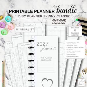 Planereinlagen für Happy Planner Skinny Classic, druckbare Monats- und Wochenübersichten (halbes Blatt), Jahreskalender 2027, Rechnungs- und Gewohnheitstracker
