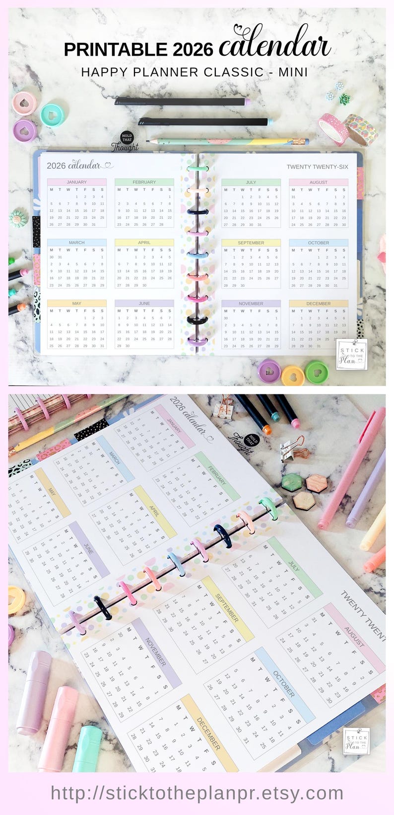 2026 Printable Yearly Calendar Fit Happy Planner Classic and Mini, Disc