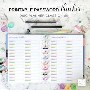Disc Planner Password Tracker Printable Insert Fit Happy Planner Classic and Mini, Username Password Keeper Book, Pastel Password List Page
