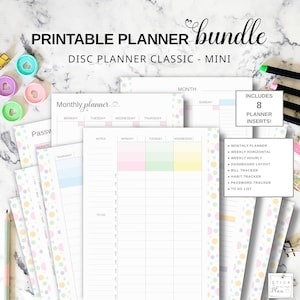 May include: A printable planner bundle for disc planners in classic and mini sizes. The set includes 8 inserts: monthly planner, weekly horizontal, weekly hourly, dashboard layout, bill tracker, habit tracker, password tracker, and to-do list.