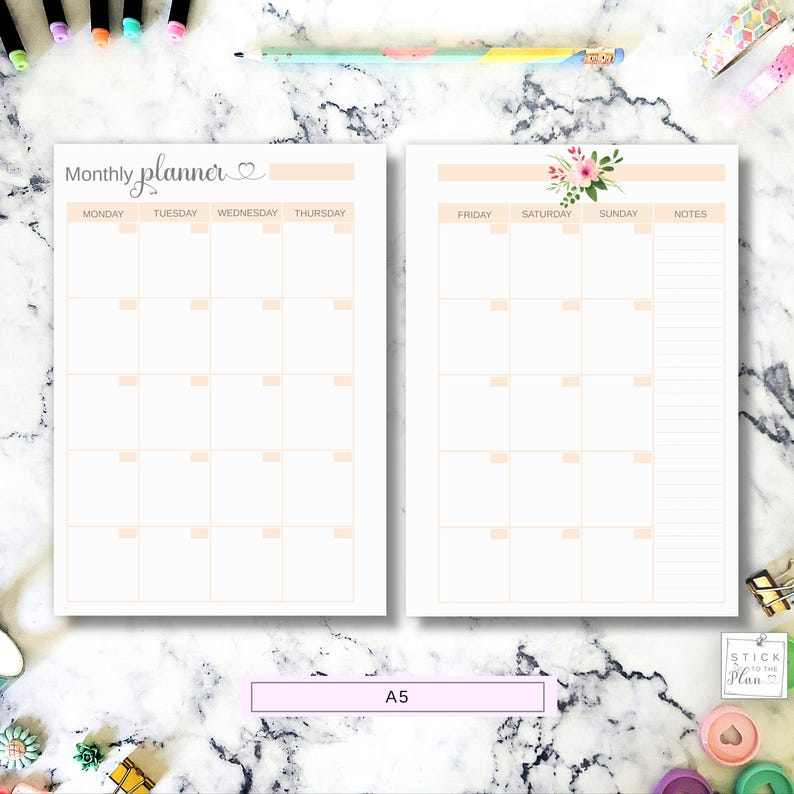 Month on 2 Pages A5, Printable Monthly Calendar, Half Letter Planner ...