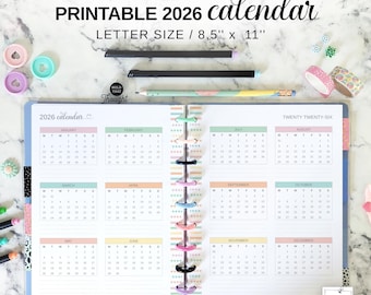 Disc Planner 2026 Yearly Calendar Insert Fit Big Happy Planner, Printable Letter Size Two Page Year at a Glance, Colorful Future Log Pages