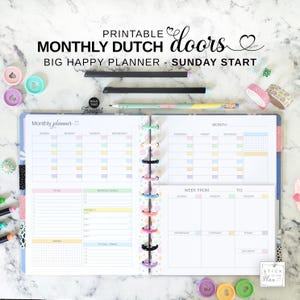 Planificador mensual Big Happy de Dutch Doors, inserto imprimible, tamaño carta, mes sin fecha en dos páginas con insertos semanales, descripción general mensual en colores pastel