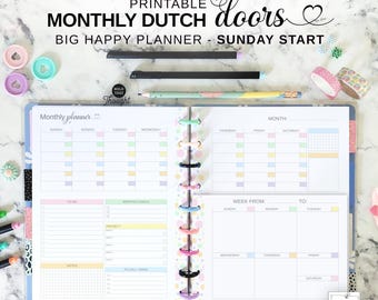 Big Happy Planner Monthly Dutch Doors Printable Insert, Letter Size Undated Month on Two Pages with Weekly Inserts, Pastel Monthly Overview