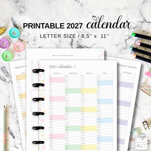 Jahreskalender 2027, 11-teilige Planer-Einlage, passend für Big Happy Planner, druckbare Letter-Größe, Jahresübersicht 2027, Zukunftslogbuch, Discbound-Seiten