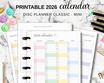 Printable Yearly Calendar 2026 Insert Fit Classic & Mini Happy Planner, Disc Planner Year at a Glance Refill, Pastel Future Log Pages