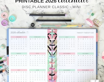 Yearly Calendar 2026 Printable Disc Planner Insert Fit Happy Planner Classic & Mini, Pastel Year at a Glance on Two Pages, Discbound Refill