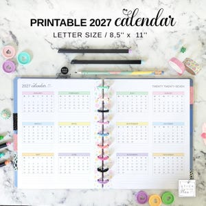 Jahreskalender 2027 zum Ausdrucken, 11-teilige Planer-Einlage, passend für Big Happy Planner, Letter-Format, Jahresübersicht auf zwei Seiten, Zukunftslogbuch (PDF)