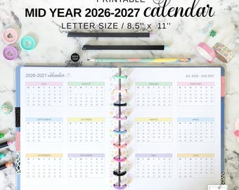 2026 2027 Calendar Mid Year Fit Big Happy Planner, Printable Half Year Planner on Two Pages in Letter Size, Yearly View at a Glance
