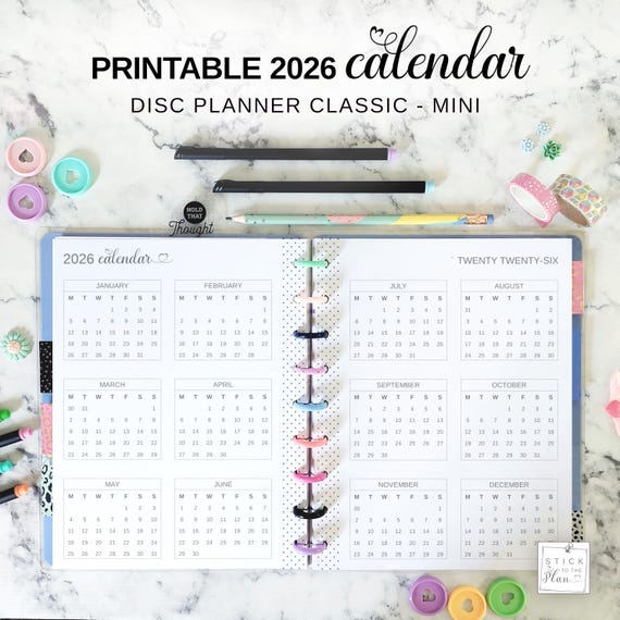 2026 Yearly Calendar Printable Disc Planner Insert Fit Happy Planner Classic & Mini, Minimalist Discbound Year at a Glance on Two Pages