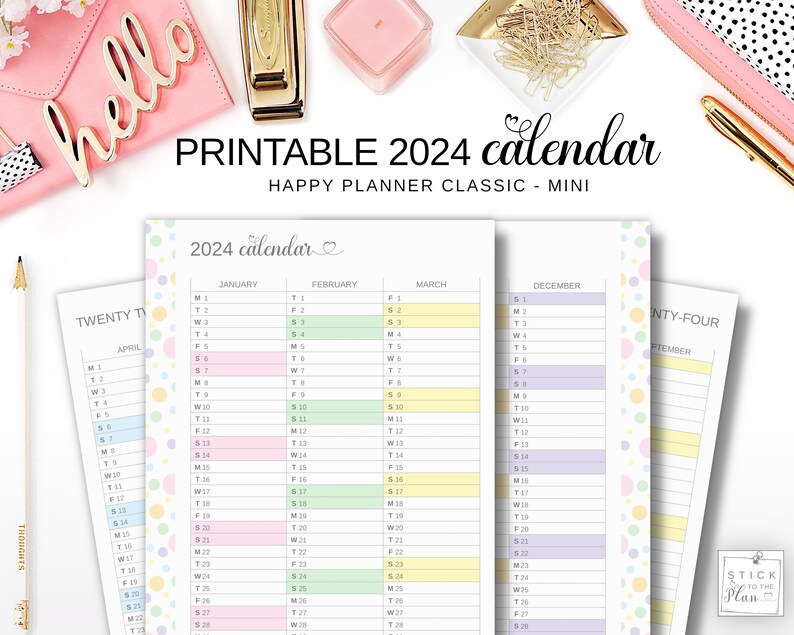 Yearly Calendar 2024 Printable Happy Planner Classic Insert, Mini HP