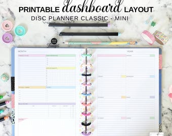 Dashboard Layout Weekly Insert Fit Happy Planner Classic & Mini, Printable Disc Planner Undated Week at a Glance on two Pages