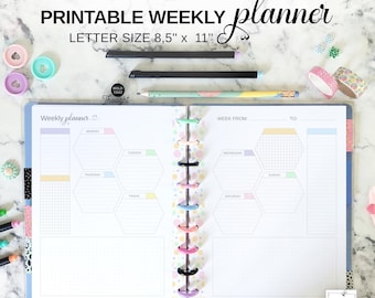 Lined Weekly Insert with Hexagons Fit Big Happy Planner, Printable Letter Size Undated Week on Two Pages Calendar at a Glance