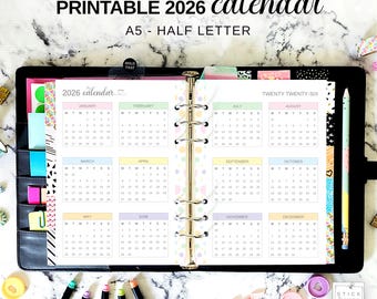 2026 Calendar A5, Half Letter 2026 Yearly Planner, Printable Year at a Glance,  Full Year on Two Pages Filofax Insert,  2026 Agenda Refill