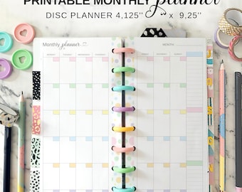 Páginas mensuales compatibles con Happy Planner Skinny Classic, calendario mensual imprimible para planificador de discos, medias hojas sin fecha, mes en dos páginas.