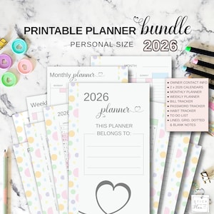 Planner Bundle Personal, Filofax 2026 Year Calendar, Owner Contact Page, Monthly Weekly Pages, Notes To Do List, Bill Habit Password Planner