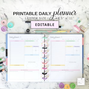 May include: Open daily planner with a pastel color scheme. The planner is letter size, 8.5" x 11", and features sections for scheduling, to-do lists, and notes. The text "PRINTABLE DAILY planner" and "EDITABLE" are visible.