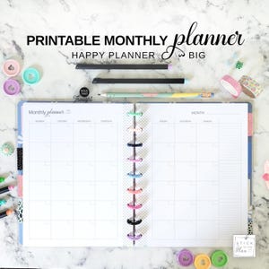 Happy Planner - Inserto imprimible mensual grande, tamaño carta, mes en 2 páginas, calendario simple sin fecha, resumen del mes, diario encuadernado en disco en formato PDF