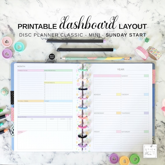 Dashboard Layout Sunday Start Fit Happy Planner Classic & Mini, Printable Weekly Insert, Undated Week at a Glance Calendar on Two Pages