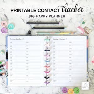 Planificador de contactos Big Happy Planner, inserto imprimible, recambio para libreta de direcciones tamaño carta, página de lista de contactos, rastreador de correo electrónico y número de teléfono con cierre de seguridad.