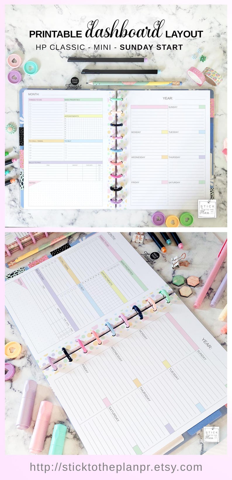 K&ouml;nnte beinhalten: Ein druckbares Dashboard-Layout f&uuml;r einen Planer mit Monats- und Wochenansicht. Das Layout ist f&uuml;r einen Happy Planner Classic Mini konzipiert und beginnt mit Sonntag. Das Bild zeigt den ge&ouml;ffneten Planer mit bunten Akzenten und einem Aufkleber mit der Aufschrift "Stick to the Plan".