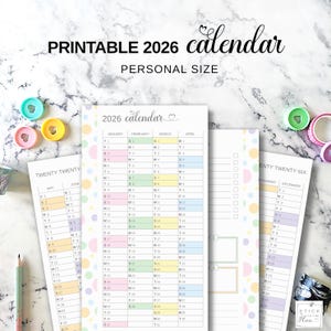 Yearly Calendar 2026 Personal Size, Printable Yearly Planner Insert, 2026 Future Log, Personal Filofax Agenda Refill, Pastel Planner Pages