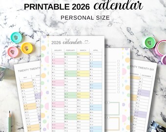 Yearly Calendar 2026 Personal Size, Printable Yearly Planner Insert, 2026 Future Log, Personal Filofax Agenda Refill, Pastel Planner Pages