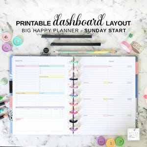 Inserto de planificador Happy Big Start Sunday con diseño de tablero de mandos, tamaño carta imprimible, recambio semanal sin fecha, vista general de la semana en dos páginas