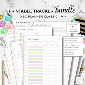 May include: A printable tracker bundle for disc planner classic and mini sizes featuring eleven pages including bill, password, habit, mood, contact, sleep, and period trackers with pastel polka dot borders and headers in black text.