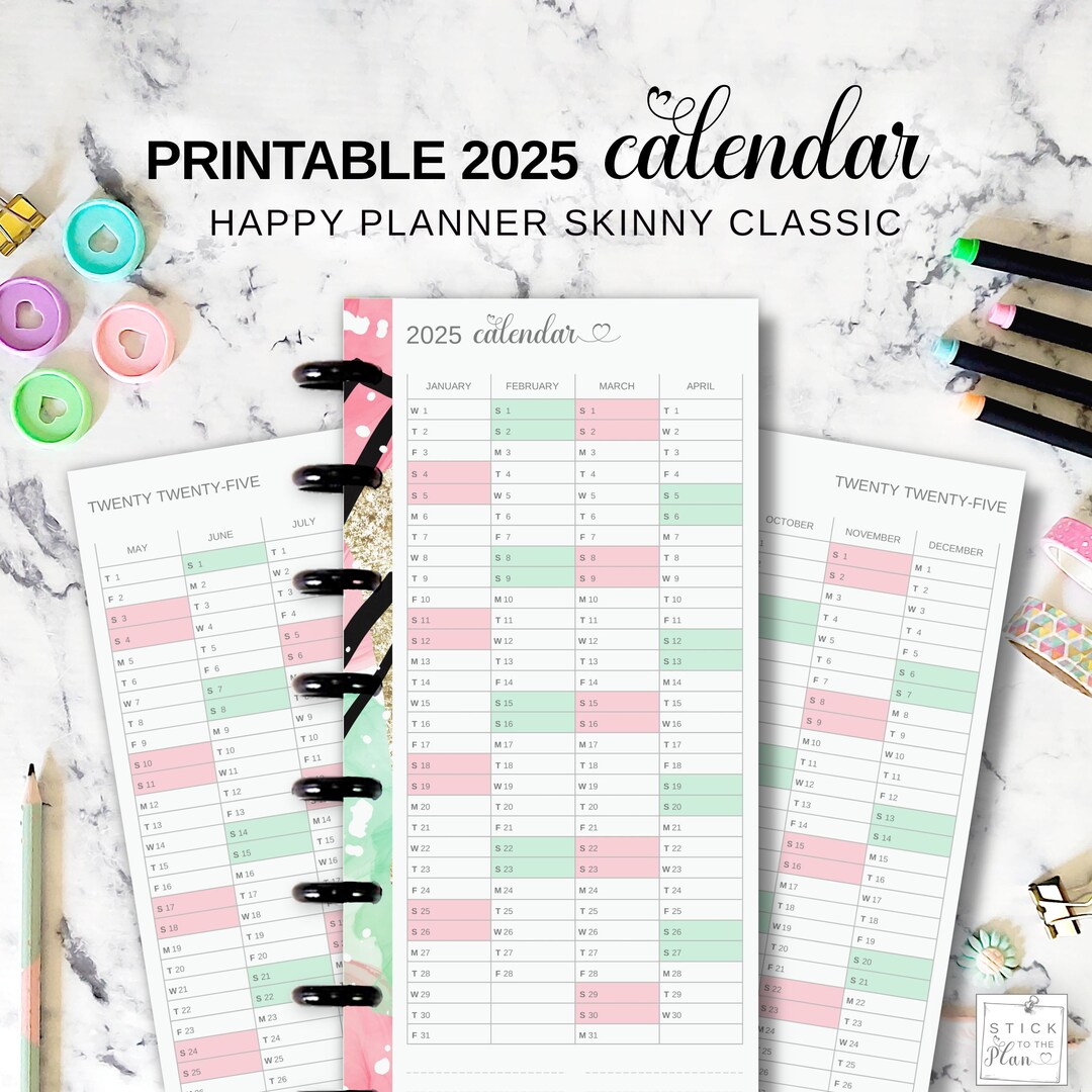 2025 Yearly Calendar Happy Planner Skinny Classic Insert, Printable HP ...