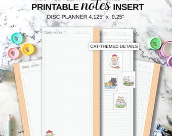 May include: Printable notes insert for a disc planner, featuring dotted, blank, lined, and grid pages. The insert is 4.125" x 9.25" and includes cat-themed details. The design includes the text "PRINTABLE notes INSERT".