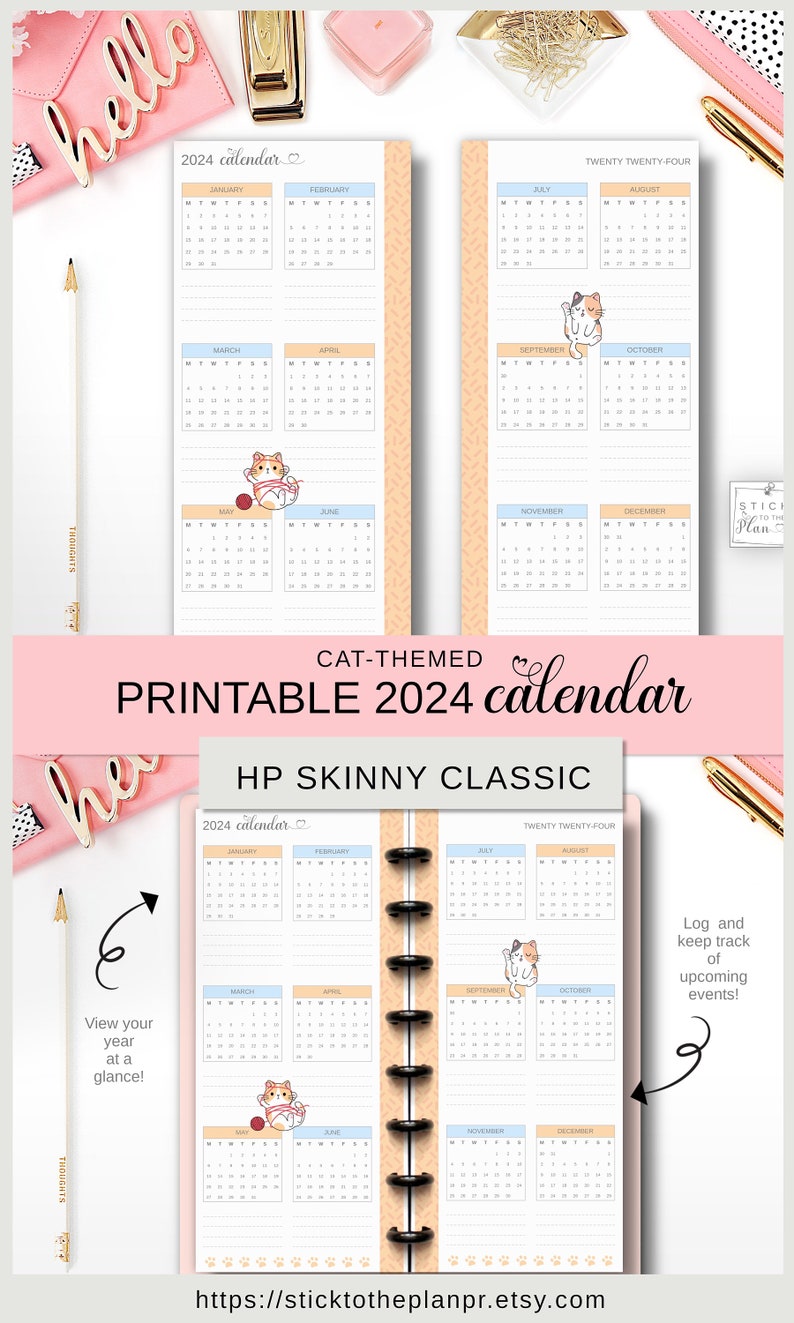 Yearly 2024 Calendar Printable Happy Planner Skinny Classic Insert, HP