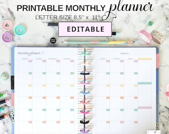 Month on Two Pages Editable fit Big Happy Planner, Colorful Undated Month at a Glance Printable and Fillable, Monthly Calendar Letter Size