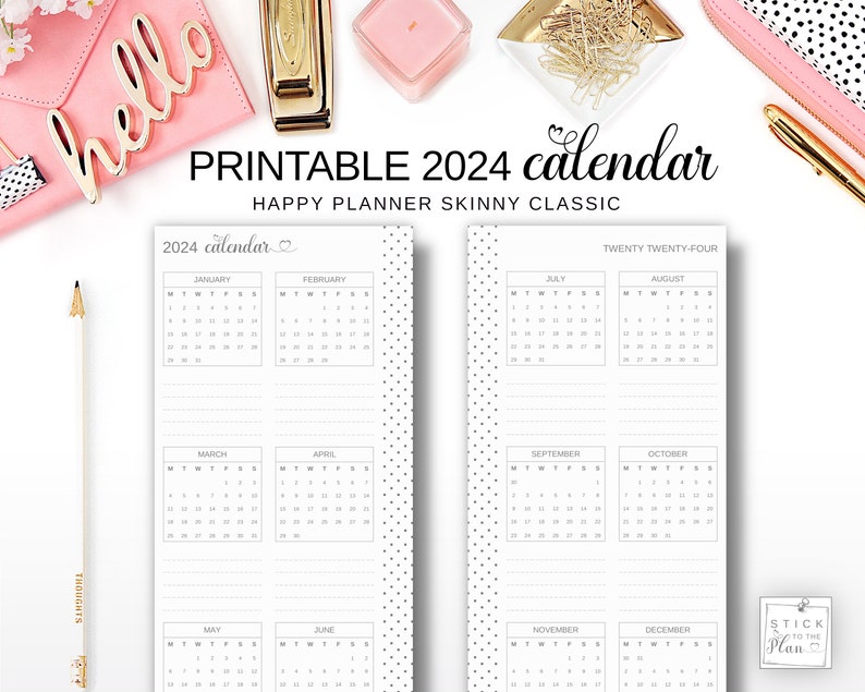Yearly Calendar 2024 Printable Happy Planner Skinny Classic Insert