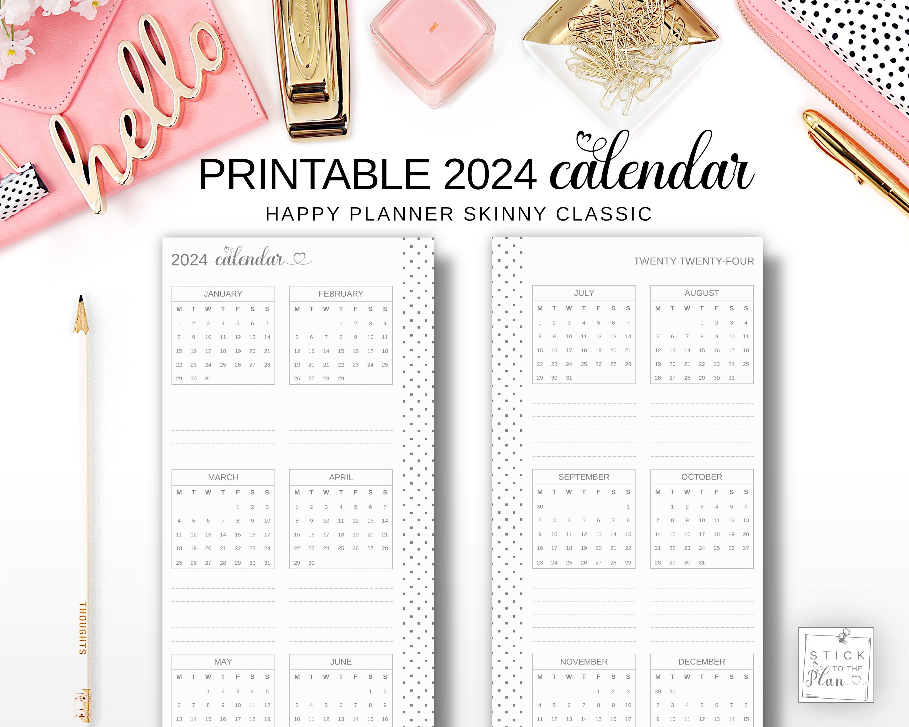 Yearly Calendar 2024 Printable Happy Planner Skinny Classic Insert